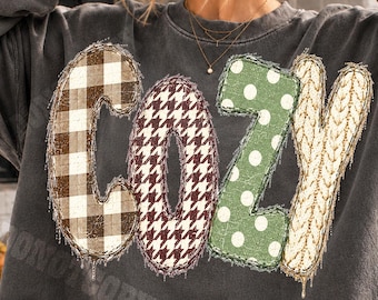 Gezellige kerst PNG, verweerd nep-borduurwerk patchwork ontwerp, buffelruit pied-de-poule stippen kabelgebreid sublimatie shirt PNG