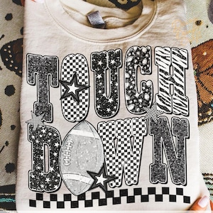 Touchdown Season PNG, Black White Football Shirt Design, Checkered Star Leopard Png, Retro Sport PNG, Game Day Football Sublimation Download