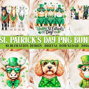 May include: A collection of cream-colored t-shirts featuring St. Patrick's Day themed designs. The designs include horses, cats, dogs, a bull, a poodle, and a leprechaun, all adorned with green accessories and shamrocks. Text on the image reads "St. Patrick's Day PNG Bundle".