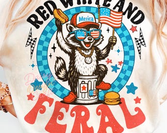 Red White and Feral 4th of July Png, American Girl Checkered Design, Patriotic Raccoon Png, Memorial Day, USA PNG, Independence Day Png