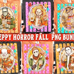 May include: A collection of six t-shirts featuring horror movie characters including Frankenstein, Chucky, Freddy Krueger, Pennywise, Jason Voorhees, and Michael Myers, each holding a pumpkin spice drink with fall leaves and stars.