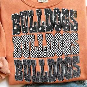 Retro Bulldogs PNG, School Spirit Game Day Sublimation, Checkered Leopard Varsity Letters, Mascot Shirt Design PNG, Varsity Sublimation PNG