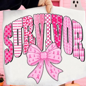 May include: A white tote bag with the word "SURVIVOR" in pink, patterned letters. A large pink bow with pink ribbons is centered below the word. The letters have various patterns, including stripes, leopard print, and ribbons. The bag is held in front of a pink background.