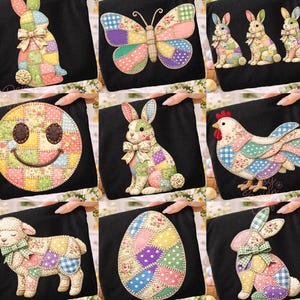 Könnte beinhalten: Eine Sammlung von Patchwork-Blumen-Osterdesigns auf schwarzem Hintergrund. Die Designs umfassen einen Hasen, einen Schmetterling, ein Smiley-Gesicht, ein Huhn, ein Lamm und ein Osterei. Jedes Design besteht aus bunten Stoffflicken.