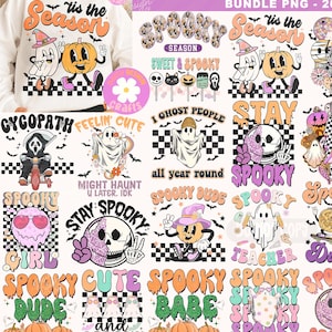 May include: A bundle of retro Halloween graphics, featuring pumpkins, ghosts, and skulls. Text includes phrases like "Spooky Dude" and "'Tis the Season." The designs use orange, purple, and black, with a vintage aesthetic. The bundle contains 20 files.