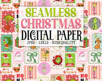 Trendy Christmas Frames seamless pattern, Sublimation Fabric Design, Christmas Green Monster Frame digital paper