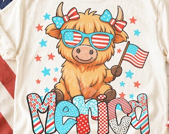 July 4th Highland Cow png, Merica Cute Baby Cow, America png, 4th Of july png, Western sublimation, American Flag Png, Retro USA Png Designs