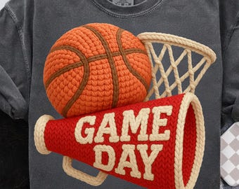 Game Day Basketball PNG, faux yarn basketball Png, Crochet basketball, RED & WHITE basketball png, Game day Shirt design,basketball mom png