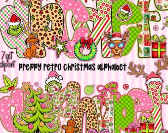 Clipart dell'alfabeto natalizio preppy: pacchetto PNG rosa retrò, set di 7 lettere alfabetiche, numeri e clipart per adesivi artigianali da sublimazione