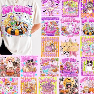 May include: A white t-shirt featuring a graphic of a skeleton in a bikini sitting on an orange and black striped pool float, accompanied by a ghost and the text HOT GHOUL, surrounded by a grid of various Halloween-themed illustrations.