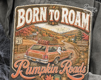 Retro pompoenwegen PNG, trendy herfstsublimatieontwerp, vintage herfstshirtontwerp, verweerde herfst PNG, roadtrip spook PNG