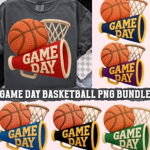 May include: A collection of basketball-themed digital graphics. The designs include orange basketballs, basketball nets, and megaphones with "GAME DAY" text in various colors. The text "GAME DAY BASKETBALL PNG BUNDLE" is also present.