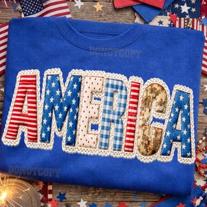 Faux gewatteerd Amerika png, Amerikaanse vlag png, vintage VS patchwork patriottisch ontwerp, 4 juli kantletters sublimatie, Amerikaanse vlag png