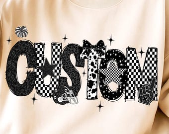 Custom Team Name PNG, Editable School Spirit Shirt Design, Sublimation Checkered Star Letters, Personalized Name PNG Leopard Varsity Clipart
