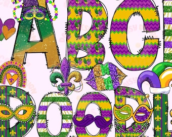 Mardi Gras Alphabet PNG Clipart | Fleur De Lis Kokette PNG | Louisiana Karneval Sublimation | Karneval Pinselstrich PNG Digital Download