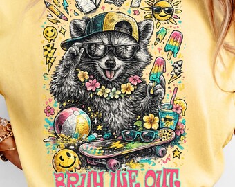 Bruh We Out Raccoon png, sublimatie laatste dag van school, grappig zomershirtontwerp wasbeer, retro vakantie, png