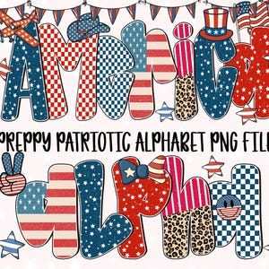 May include: A digital design featuring the word "AMERICAN" and "ALPHABET" in a preppy, patriotic style. The letters are decorated with patterns like stars, stripes, and checkered designs in red, white, and blue. The image includes an airplane, a cowboy hat, and a peace sign.