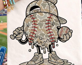Camo honkbalfiguur met druppels, sublimatie PNG-ontwerp, grappige honkbalmascotte, digitale download voor T-shirt voor jongens en kinderen, direct te downloaden.