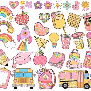 May include: A set of colorful school-themed clipart featuring a rainbow, a rocket ship, a graduation cap, a school bus, a backpack, a calculator, a pencil, a notepad, a lightbulb, a juice box, and other cute illustrations.