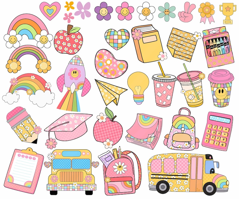 May include: A set of colorful school-themed clipart featuring a rainbow, a rocket ship, a graduation cap, a school bus, a backpack, a calculator, a pencil, a notepad, a lightbulb, a juice box, and other cute illustrations.