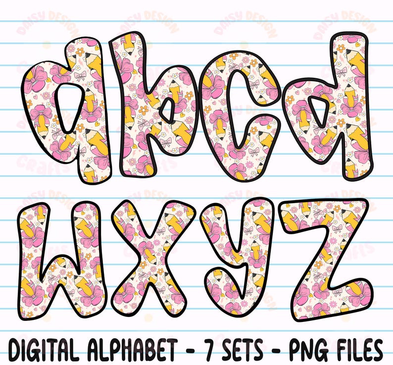 Puede incluir: Letras del alfabeto digital a, b, c, d, w, x, y y z. Cada letra est&aacute; delineada en negro y rellena con un patr&oacute;n de l&aacute;pices amarillos, lazos rosas y flores sobre un fondo crema. El texto "DIGITAL ALPHABET - 7 SETS - PNG FILES" est&aacute; en la parte inferior.