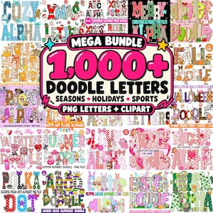 May include: A digital graphic collection titled Mega Bundle 1,000+ Doodle Letters featuring various seasonal and holiday-themed alphabet sets including Christmas, Halloween, Valentine's Day, summer, and Easter designs in multiple colors.