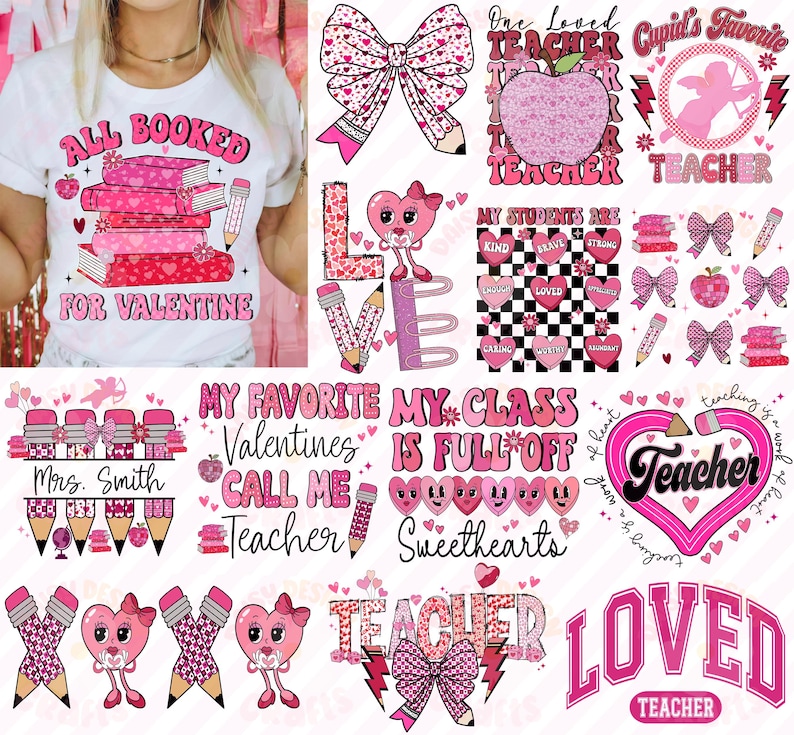 May include: A collection of pink and white Valentine's Day themed teacher clipart graphics. The graphics include hearts, bows, pencils, books, and the words "Teacher", "Loved", "Sweethearts", "My Favourite Valentines", "Call Me Teacher", "My Class Is Full Of", "All Booked For Valentine", "Mrs. Smith", "One Loved Teacher", "Cupid's Favourite Teacher", "My Students Are", and "Teaching Is A Work Of Heart".