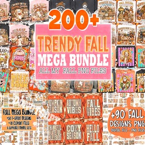 Op de afbeelding: Een digitale collectie van meer dan 200 herfstthema grafische ontwerpen met pompoenen, geesten, herfstbladeren en horrorfiguren. De weergave bevat diverse t-shirt prints, cliparts en alfabetsets met de tekst Trendy Fall Mega Bundle.