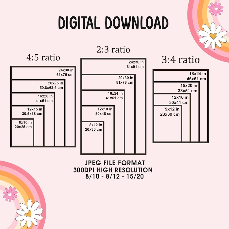 May include: A digital download graphic showing different aspect ratios for printable images. The ratios are 4:5, 2:3, and 3:4. The graphic includes the measurements in inches and centimeters for each ratio.