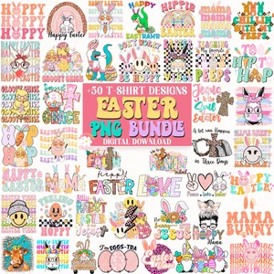 Pu&ograve; includere: Una collezione di 50 design digitali di t-shirt a tema pasquale in un pacchetto PNG. I design presentano una variet&agrave; di illustrazioni colorate e fantasiose, tra cui coniglietti, pulcini, uova e croci. Il testo "+50 T-SHIRT DESIGNS EASTER PNG BUNDLE DIGITAL DOWNLOAD" &egrave; visualizzato al centro dell'immagine.