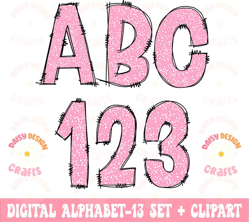 May include: Pink glitter alphabet letters A, B, C and numbers 1, 2, 3 with a black outline. The letters and numbers have a hand-drawn, stitched look. The text "DAISY DESIGN Crafts" is in the bottom corners of the image. The text "DIGITAL ALPHABET-13 SET + CLIPART" is at the bottom of the image.