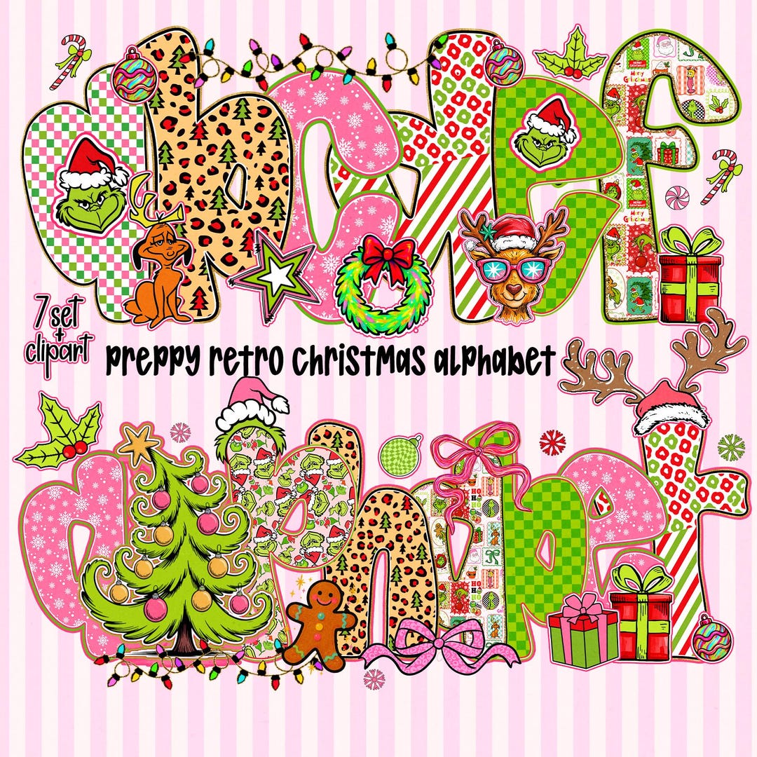 Preppy Christmas Alphabet Clipart: Retro Pink PNG Bundle, 7 Alpha Set ...