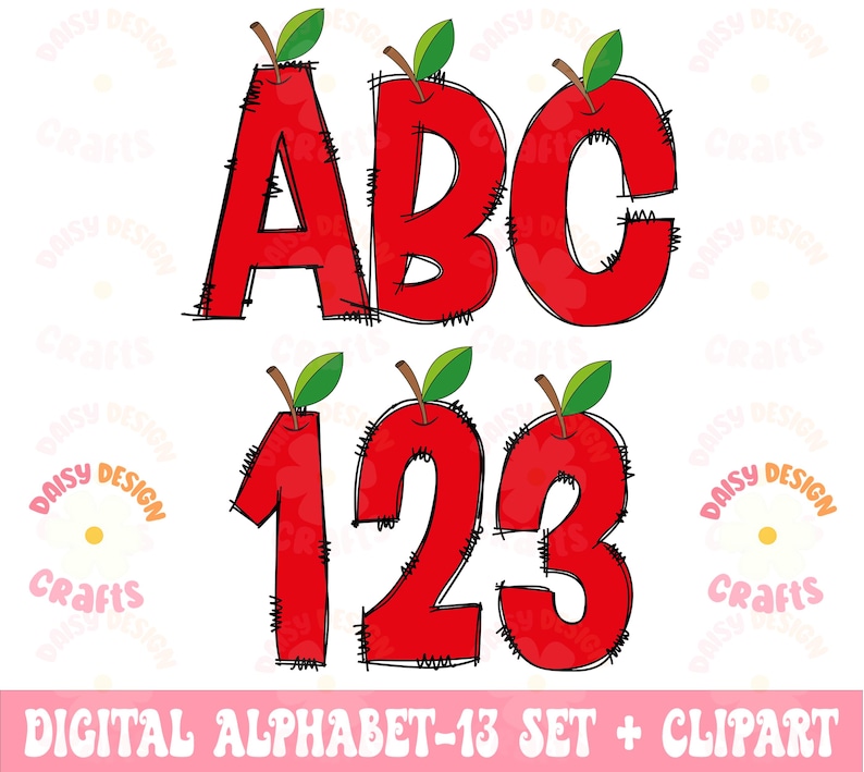 May include: Red apple-shaped letters A, B, C, and numbers 1, 2, 3 with black outlines and green leaves. The letters and numbers are outlined with a jagged line, giving a stitched appearance. The text "DIGITAL ALPHABET-13 SET + CLIPART" is at the bottom of the image.