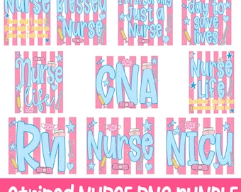 Preppy Nurse PNG Bundle, Coquette Striped Nurse Designs, Cute Nurse Life PNG, Girly Nurse Clipart, School Nurse PNG