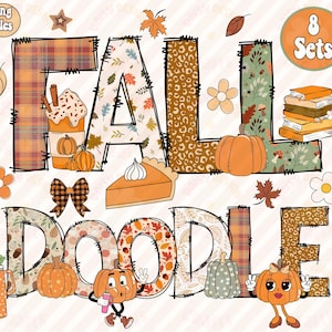 Peut inclure: Ensemble de clipart Fall Doodle avec 8 designs différents. Les designs présentent des couleurs d'automne, des citrouilles, des feuilles et d'autres éléments sur le thème de l'automne. Le texte "Fall Doodle" est présenté dans le design.
