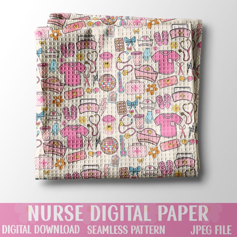 May include: A digital paper featuring a seamless pattern of pink and white nurse-themed illustrations. The pattern includes a variety of items, such as a stethoscope, a nurse's hat, a bandage, a pill bottle, a cup of coffee, and a pair of flip-flops.