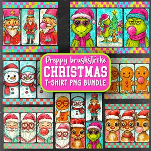 May include: A collection of colorful Christmas-themed illustrations, including Santa Claus, snowmen, gingerbread people, and the Grinch, all with preppy brushstroke designs. The text "Preppy brushstroke CHRISTMAS T-SHIRT PNG BUNDLE" is displayed.