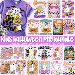 Op de afbeelding: Een verzameling Halloween-thema PNG-ontwerpen. De ontwerpen bevatten geesten, pompoenen en zinnen als "Spooky" en "Boo-Dozer". Beschikbaar als digitale download, perfect voor kinderprojecten.