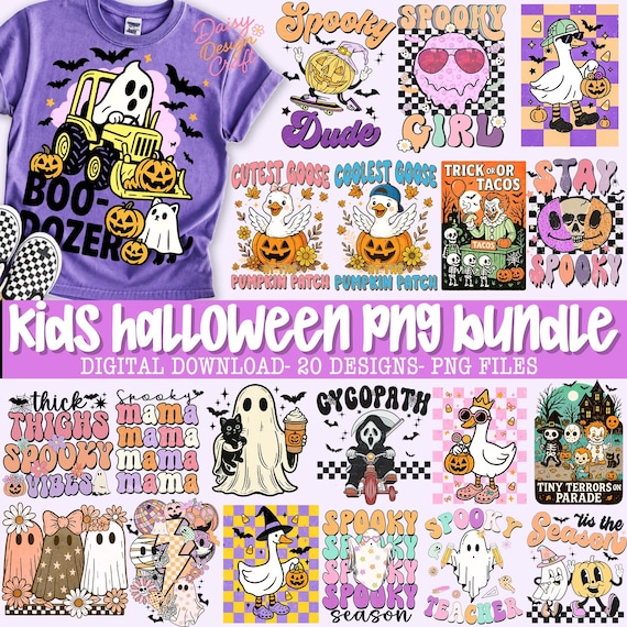 Kids Halloween PNG Bundle Spooky Dude Goose Coquette Ghost Trick Or Treat Pumpkins Little Miss Bootiful Spooky Feral Saurus Skeleton