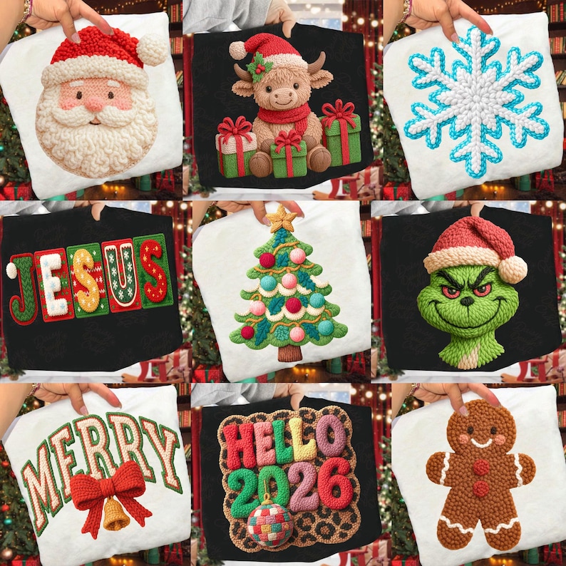 May include: A collection of Christmas-themed decorative pillows. Designs include Santa Claus, a Highland cow, a snowflake, the word "JESUS", a Christmas tree, the Grinch, the word "MERRY" with a bow and bell, the words "HELLO 2026", and a gingerbread man.