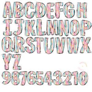 May include: A colorful alphabet and numbers with a pink, blue, and yellow watercolor pattern. The letters and numbers have a black outline and a stitched look.