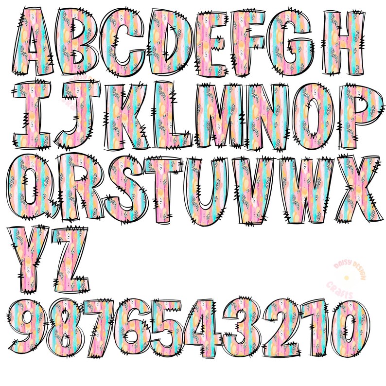 May include: A colorful alphabet and numbers with a pink, blue, and yellow watercolor pattern. The letters and numbers have a black outline and a stitched look.