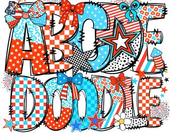 4th of July Alphabet Set PNG, American Flag Doodle Letters, Template Alphabet, Doodle Letters, Retro American Flag USA Coquette, A-Z Font