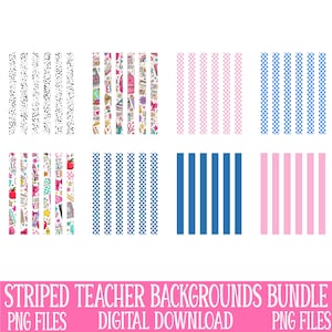 Pu&ograve; includere: Vengono presentati otto sfondi digitali con vari modelli. I disegni includono pois bianchi e neri, illustrazioni colorate a tema insegnante, strisce rosa e bianche, motivi a scacchi blu e bianchi e strisce blu e rosa a tinta unita. Il testo in basso recita "STRIPED TEACHER BACKGROUNDS BUNDLE".