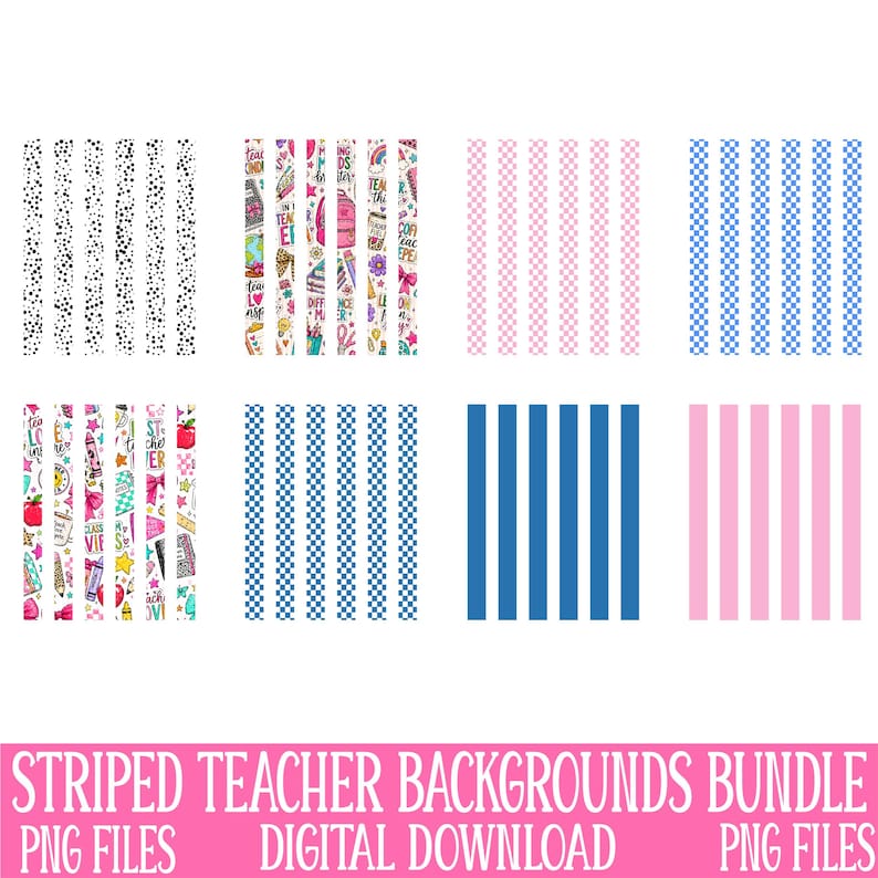 Pu&ograve; includere: Vengono presentati otto sfondi digitali con vari modelli. I disegni includono pois bianchi e neri, illustrazioni colorate a tema insegnante, strisce rosa e bianche, motivi a scacchi blu e bianchi e strisce blu e rosa a tinta unita. Il testo in basso recita "STRIPED TEACHER BACKGROUNDS BUNDLE".