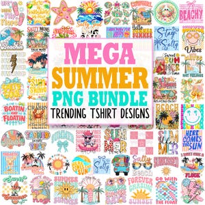 May include: A collection of summer-themed PNG designs for t-shirts. The designs feature beach elements, including palm trees, sunsets, and phrases like "Salty Soul" and "Summer Vibes." The color palette includes pink, blue, and yellow.