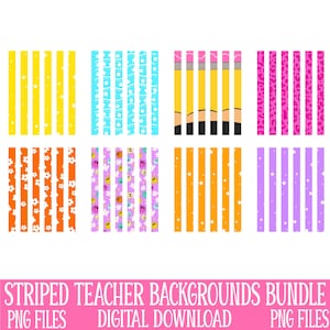 Pu&ograve; includere: Una collezione di otto sfondi a righe colorate. I disegni includono giallo con stelle, blu con stelle e testo, design a matita, stampa leopardata rosa, arancione con fiori, viola con faccine sorridenti, arancione con stelle e viola con stelle. Il testo in basso recita "STRIPED TEACHER BACKGROUNDS BUNDLE".