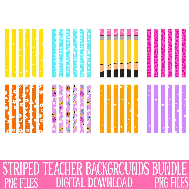 Pu&ograve; includere: Una collezione di otto sfondi a righe colorate. I disegni includono giallo con stelle, blu con stelle e testo, design a matita, stampa leopardata rosa, arancione con fiori, viola con faccine sorridenti, arancione con stelle e viola con stelle. Il testo in basso recita "STRIPED TEACHER BACKGROUNDS BUNDLE".