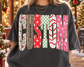 Custom Name Christmas PNG, Floral Leopard Plaid Pattern Letters, Personalized Sublimation Design, Digital Download