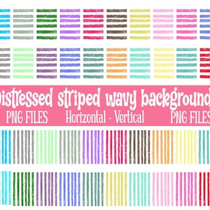 Puede incluir: Una colección de fondos ondulados a rayas desgastadas en varios colores, incluyendo azul, verde, morado, rosa y marrón. La imagen incluye patrones de rayas horizontales y verticales, con el texto "Distressed striped wavy backgrounds" y "PNG FILES".